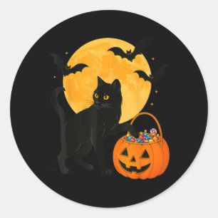 Adesivo Redondo Gato Preto Engraçado de Halloween Abóbora Com Doce