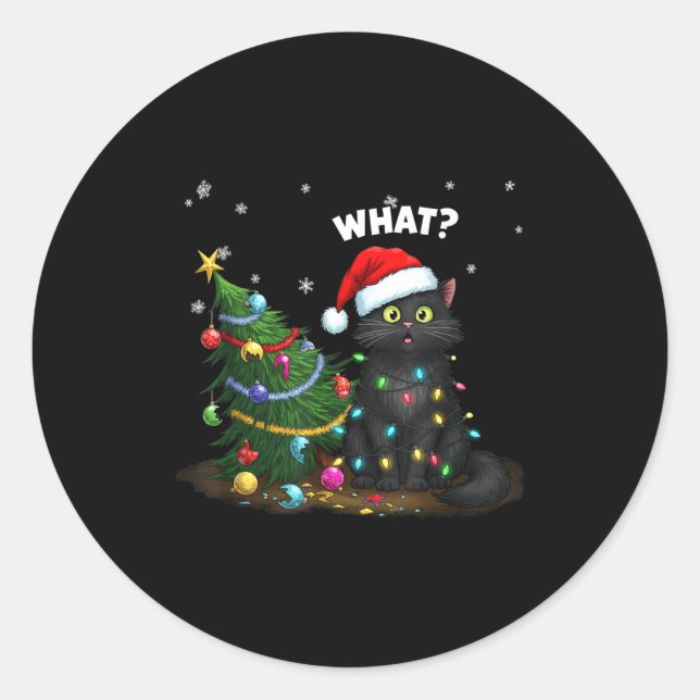 Adesivo Redondo Gato Preto Engraçado Empurrando Árvore de Natal  (Frente)
