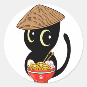Adesivo Redondo Gato preto engraçado está comendo macarrão