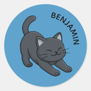 Adesivo Redondo Gato Preto Esticado no Azul com Nome Personalizado