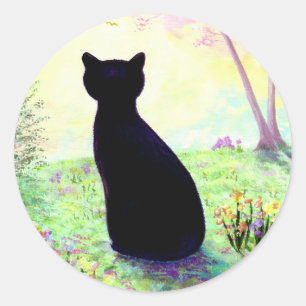 Adesivo Redondo Gato preto floral Creationarts do jardim