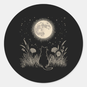 Adesivo Redondo Gato Preto Floral Estético Lua Gatinho Homens Mulh