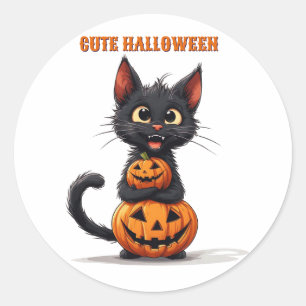 Adesivo Redondo Gato Preto Fofo Abraçando Abóbora Halloween 🎃