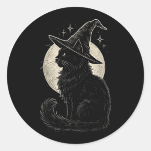 Adesivo Redondo Gato Preto Fofo Chapéu de Bruxa Lua Retro Coquette