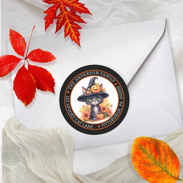 Adesivo Redondo Gato Preto Fofo | Endereço de Devolução do Círculo (Witchy is the word with a cute cat in a witch hat orange floral design return address envelope seal.)