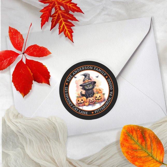 Adesivo Redondo Gato Preto Fofo | Endereço de Retorno do Chapéu de (Witchy is the word with a cute cat in a witch hat orange floral design return address envelope seal.)