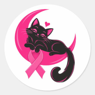 Adesivo Redondo Gato Preto Fofo Lua Rosa Conscientização do Câncer