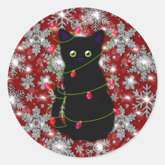 Adesivo Redondo Gato preto fofo Meowy Natal floco de neve cintilan