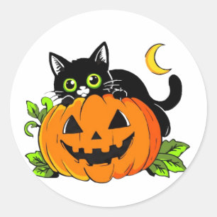 Adesivo Redondo Gato Preto Fofo no Abóbora de Halloween Jack-O'-La