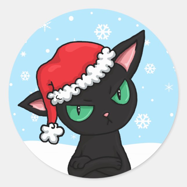 Adesivo Redondo Gato Preto Grumpy vestindo Papai Noel (Frente)