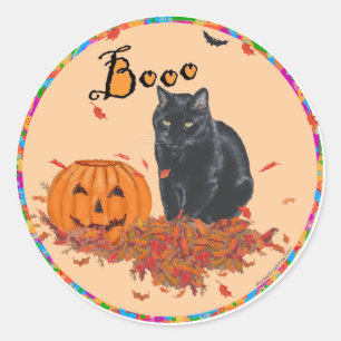 Adesivo Redondo Gato Preto Halloween BOO!