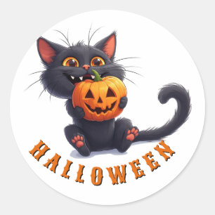 Adesivo Redondo Gato Preto Kawaii Com Torre de Abóbora Halloween �