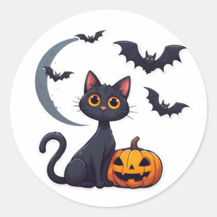 Adesivo Redondo Gato Preto Kawaii E Morcegos Amigáveis Halloween �
