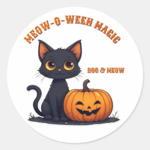Adesivo Redondo Gato Preto Kawaii E Pilha De Abóbora No Halloween 