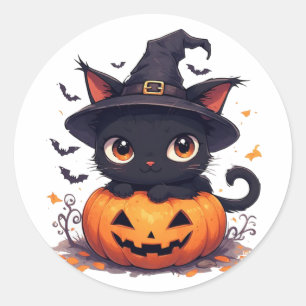 Adesivo Redondo Gato Preto Kawaii Segurando Abóbora Halloween 🎃