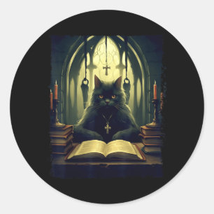 Adesivo Redondo Gato Preto Lê Livro Na Igreja Gótico Halloween