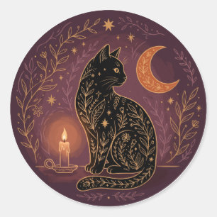 Adesivo Redondo Gato Preto Místico Celestial Bruxa Halloween Gótic