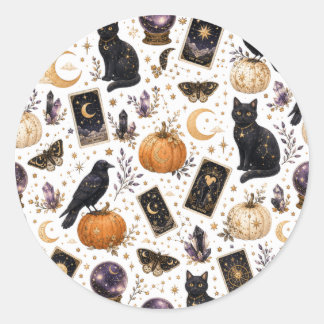Adesivo Redondo Gato Preto Místico Halloween Tarot Celestial