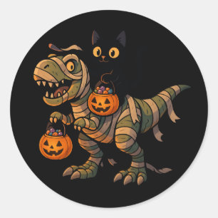 Adesivo Redondo Gato Preto Montando Múmia T-Rex – Dino Fofo de Hal