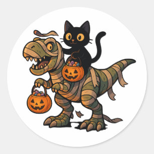 Adesivo Redondo Gato Preto Montando Múmia T-Rex – Dino Fofo de Hal