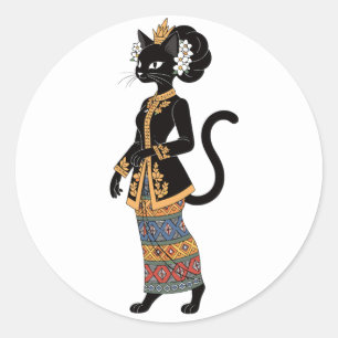 Adesivo Redondo Gato Preto na Arte Tradicional de Kebaya em Batik