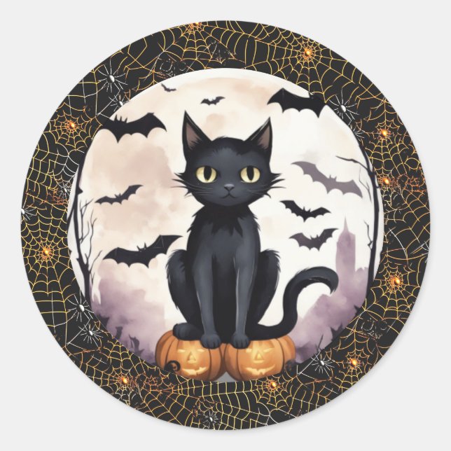 Adesivo Redondo Gato Preto na Pumpkins e Bats Halloween Sticker (Frente)