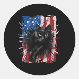 Adesivo Redondo Gato Preto Patriótico com Bandeira Americana Rasga