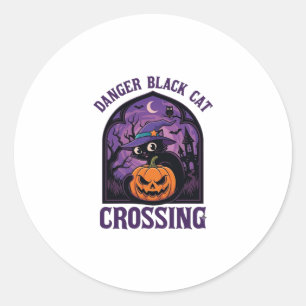 Adesivo Redondo Gato Preto Perigoso Cruzando Abóbora de Halloween