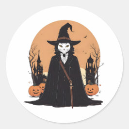 Adesivo Redondo Gato Preto Salem Místico com Pumpkins