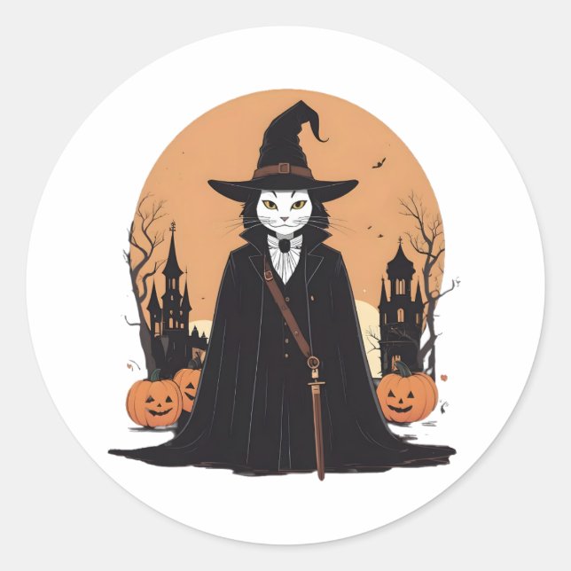 Adesivo Redondo Gato Preto Salem Místico com Pumpkins (Frente)