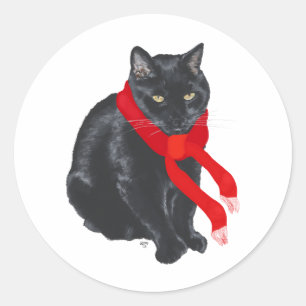 Adesivo Redondo Gato Preto se Mantendo Aquecido no Natal