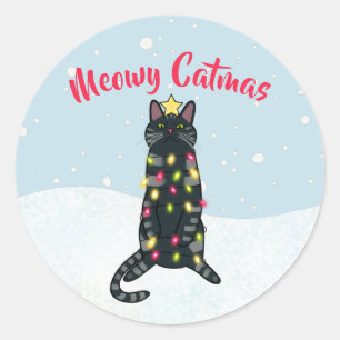 Adesivo Redondo Gato preto trocadilho em luzes de Natal engraçado