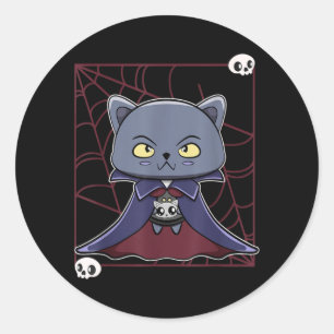Adesivo Redondo Gato Preto Vampiro Drácula e Item de Monstro Para