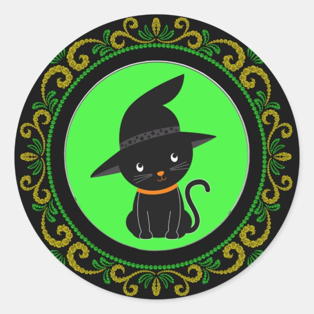 Adesivo Redondo Gato Preto Verde Amarelo Com Halloween De Bruxa (Frente)