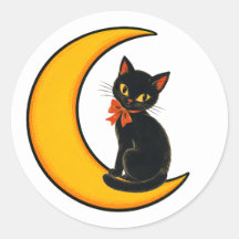Gato Preto Vintage em Lua Crescente Halloween