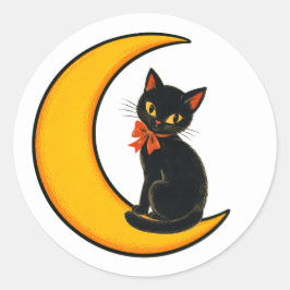 Adesivo Redondo Gato Preto Vintage em Lua Crescente Halloween