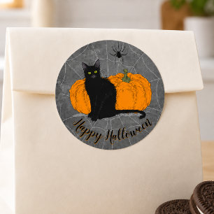 Adesivo Redondo Gato Preto Vintage Feliz Halloween