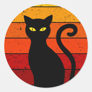 Adesivo Redondo Gato Preto Vintage Retro Pôr do Sol Halloween I