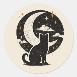 Adesivo Redondo Gato Preto Vintage Sob Lua Crescente | Minimalista