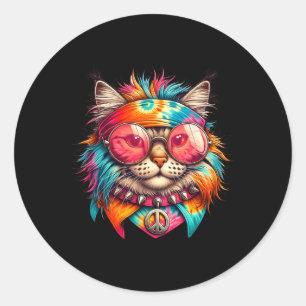 Adesivo Redondo Gato Psicodélico de Paz Colorido Hippie Retro Groo