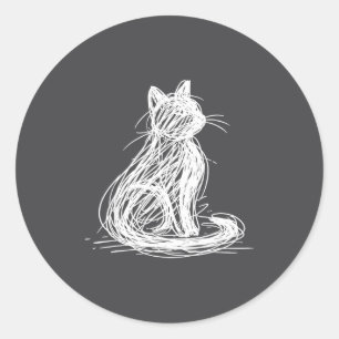 Adesivo Redondo Gato Rabiscado Arte Minimalista de Linha Japonês