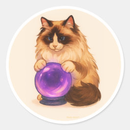 Adesivo Redondo Gato Ragdoll com bola de cristal roxa
