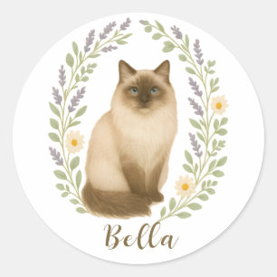 Adesivo Redondo Gato Ragdoll Floral com Nome Personalizado