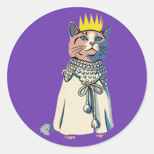 Adesivo Redondo Gato Real em Coroa e Manto Gráfico Pop Art Vintage