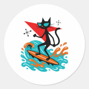 Adesivo Redondo Gato Retro Engraçado Surfando Tema Meio do Século