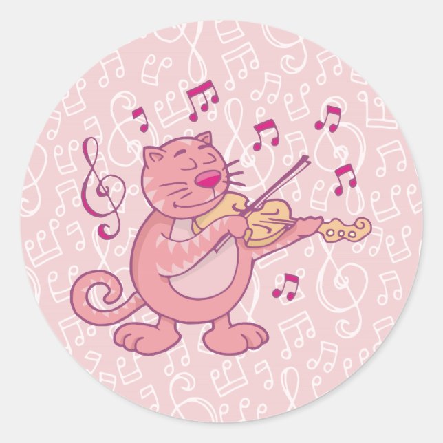 Adesivo Redondo Gato Rosa com Violino (Frente)