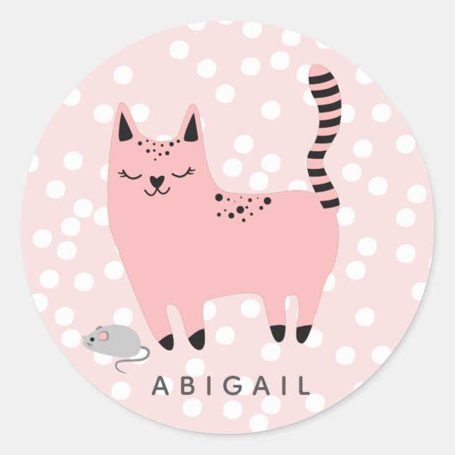 Adesivo Redondo Gato Rosa e Polkadots - Raparigas Personalizadas (Frente)