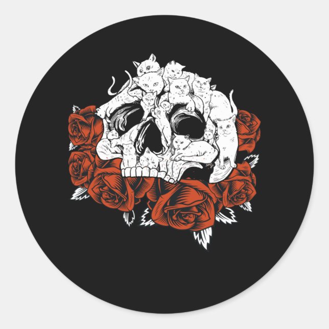 Adesivo Redondo Gato Rosas do crânio Gatinho (Frente)