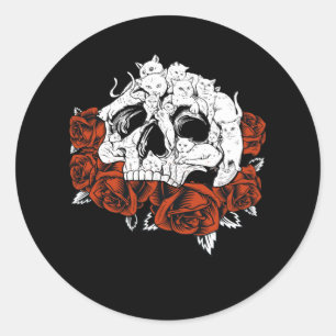 Adesivo Redondo Gato Rosas do crânio Gatinho