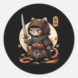 Adesivo Redondo Gato Samurai Cat Tattoo Kawaii Ninja